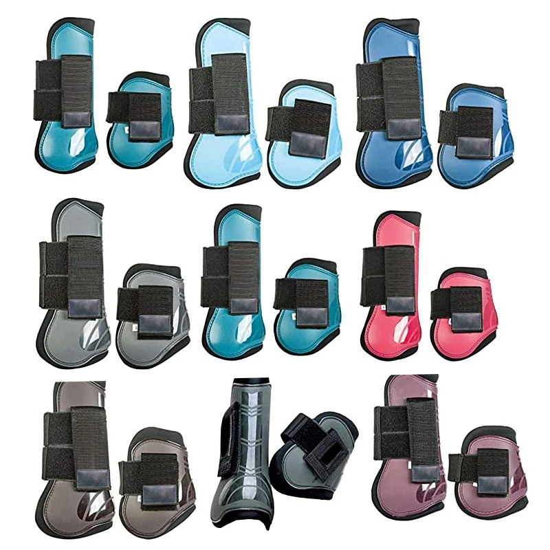 

Wholesale PU Horse Front Hind Leg Boots Horse Riding Elastic Equine Tendon Fetlock Boots Shorck Absorbing Show Competition Boot, Customized