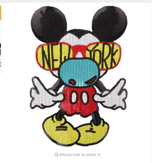 

DZNew Arrival Cartoon Sequins New YORK Mouse Ironon Patches for Clothes Big Motif Sequined Applique Mickey Embroidered Patch