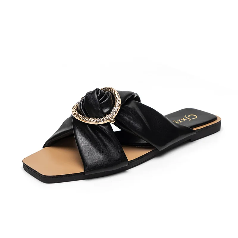 

2021 New Hot Sale Simple Ladies Slippers Square Toe Open Toe Cross Flat Rhinestone Womens Flat Slippers