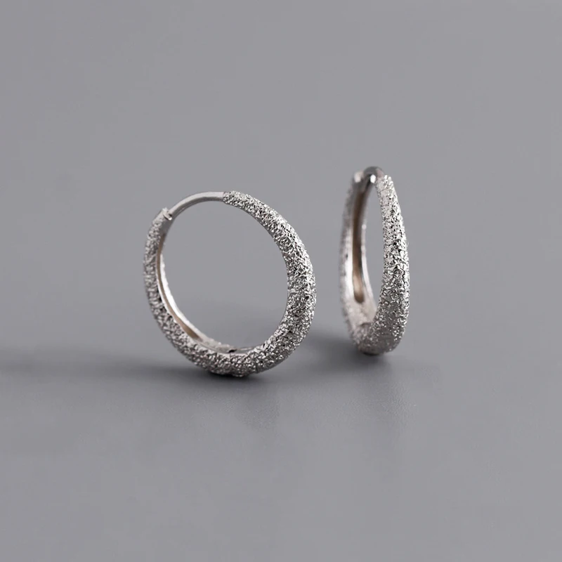 925 Sterling Silver Frosted Surface Round Hoop Earrings for Women Party Jewelry