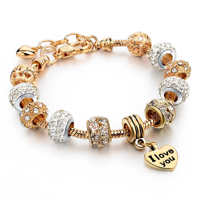 

Wholesale Heart Words I Love You Charm pendant large hole Rhinestone Hollow beads bracelet for girls