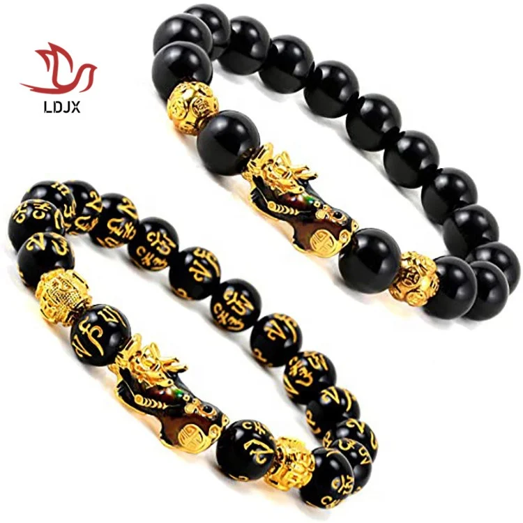 

LDJX-J10 Hand Carved Mantra Stone Feng Shui Elastic Bracelet Pi Xiu Bracelet Wealth Bracelet 12mm for Mens Womens, As show
