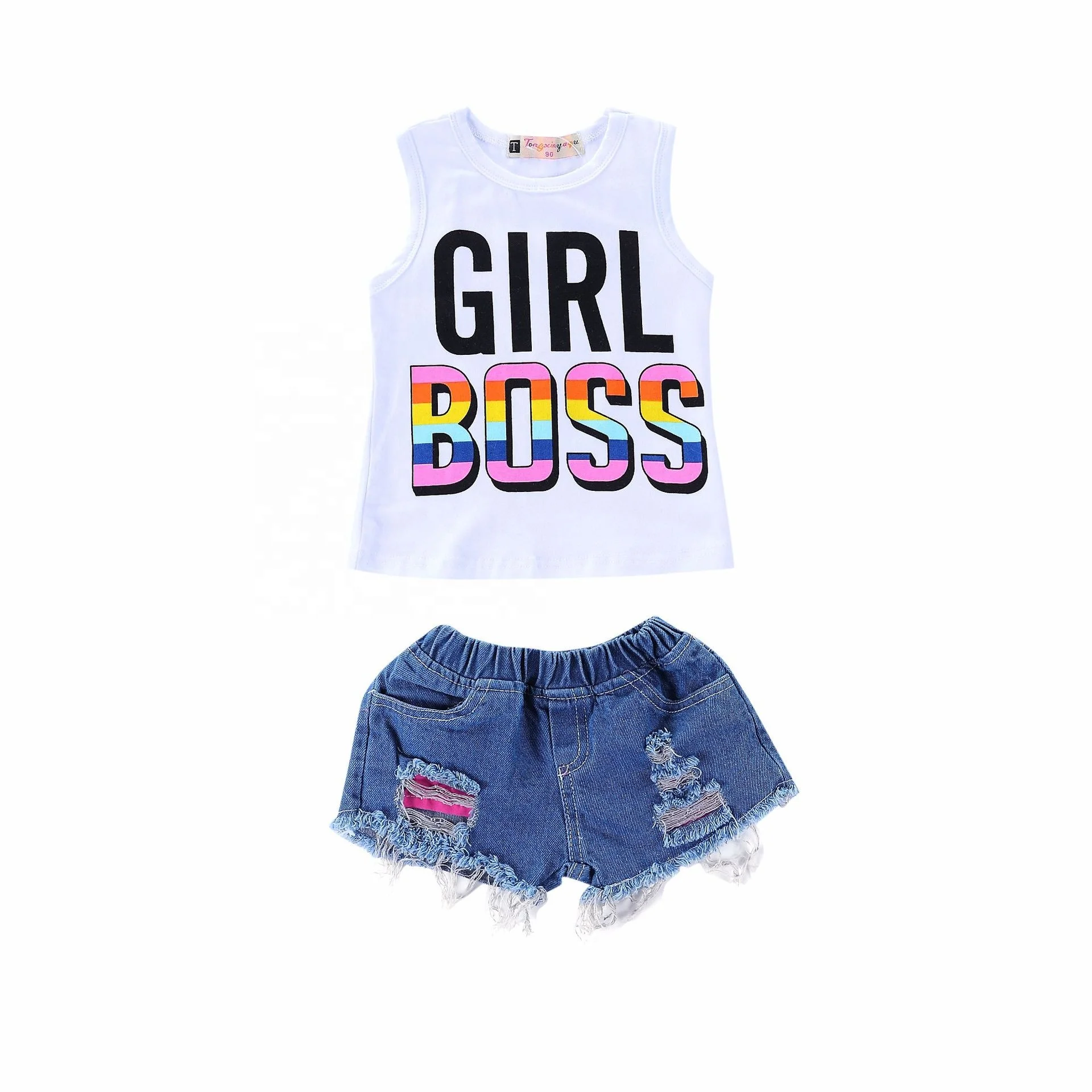 

Children Girls Cotton Sleeveless Girl Boss Vest Tank Top Short Denim Jeans Outfits Kids Clothes Set Girls, Photo showed and customized color