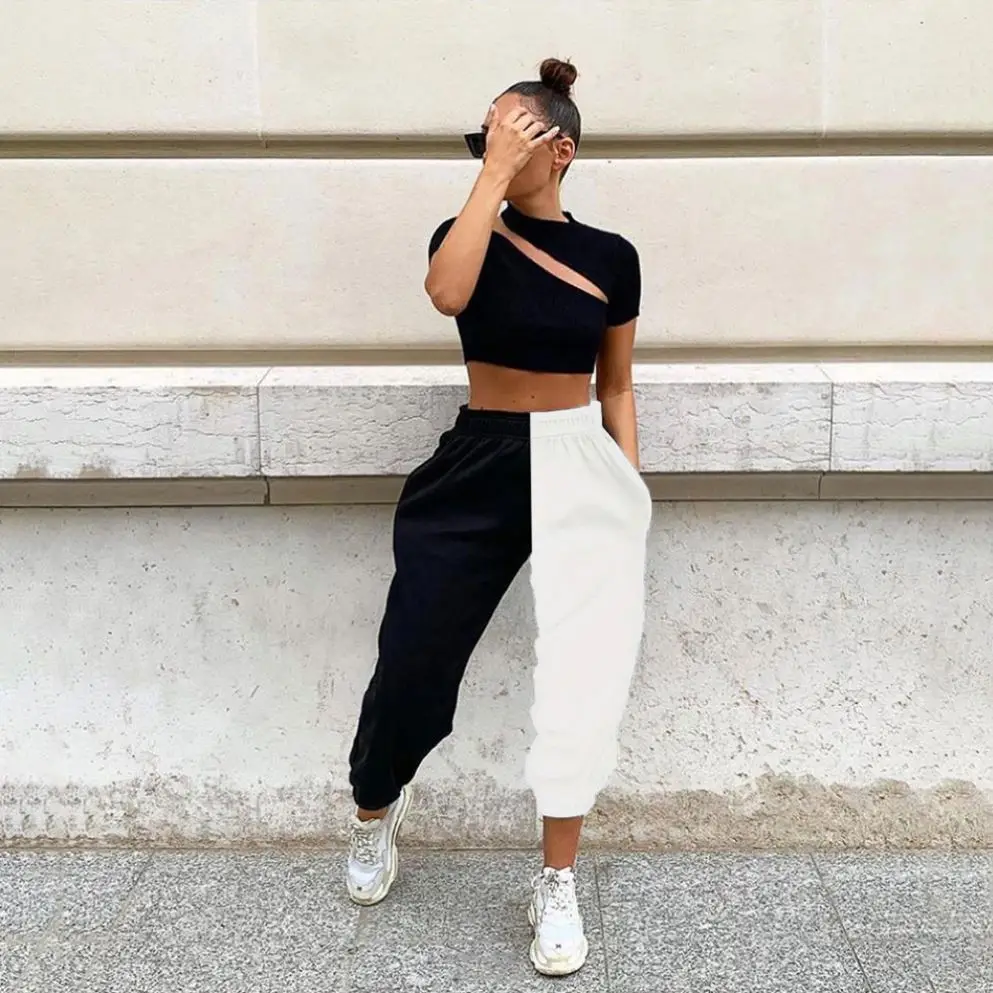 

2020 Black And White High Waist Plus Size Baggy Pants Trousers Sport Womens Joggers Sweatpants