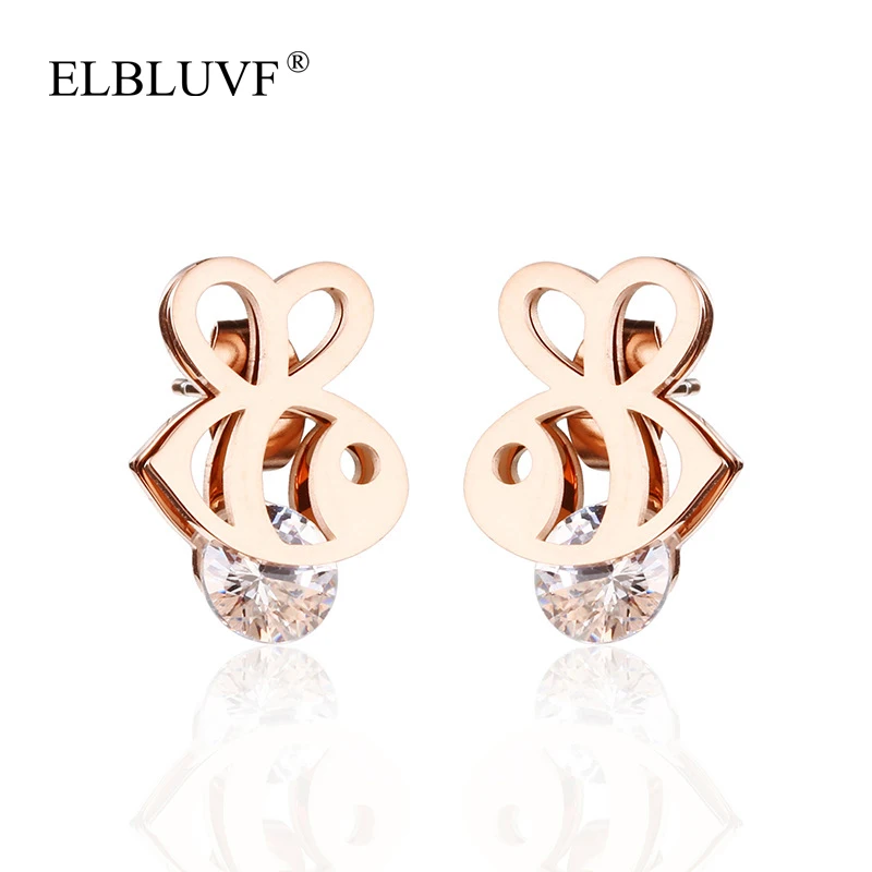 

ELBLUVF 2020 New Stainless Steel Gold Rose Gold Plated Cute Zircon Animal Bee Earrings For Women