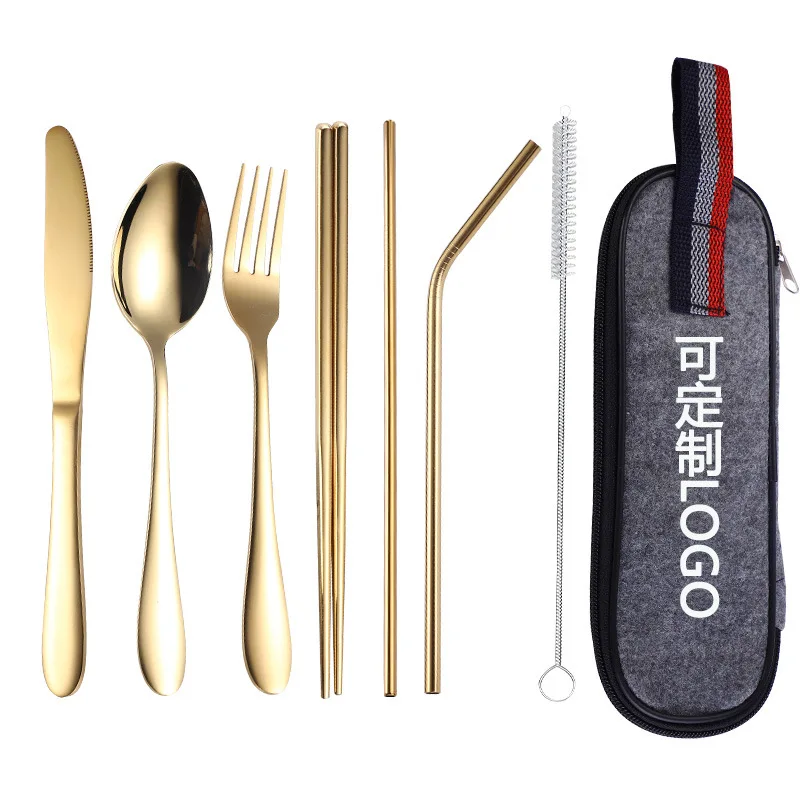 

Personalized logo reusable utensil silverware travel camping flatware chopstick stainless steel cutlery set with bag, Sliver/gold/rose gold/black/colorful