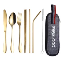 

Personalized logo reusable utensil silverware travel camping flatware chopstick stainless steel cutlery set with bag