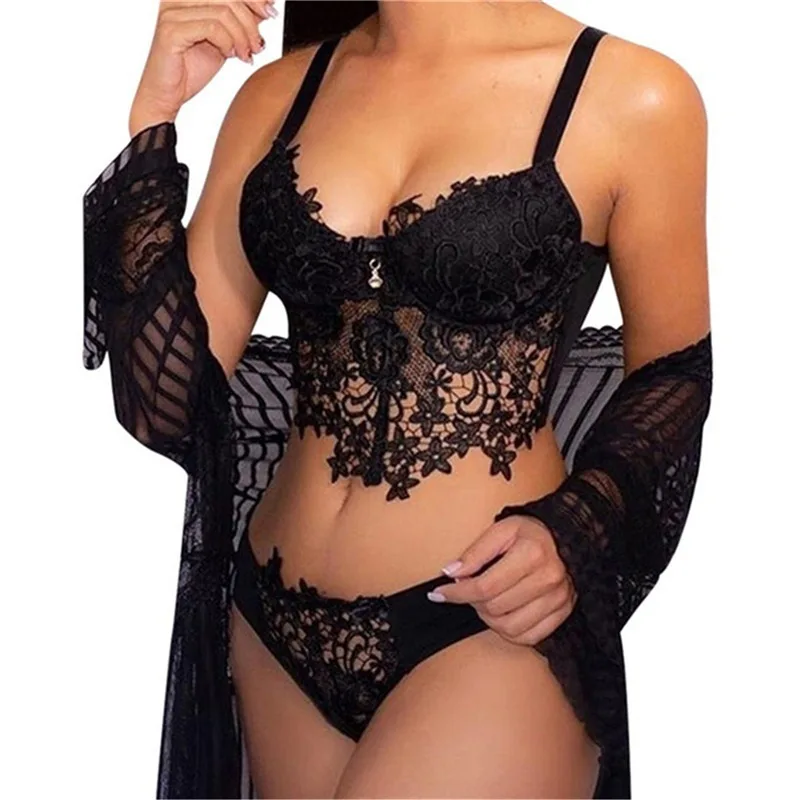 

Aipa Bralette Vest and Panties Lenceria Erotic Black Embroidery Bra Panty Sexy Lingerie Women Set With Lace