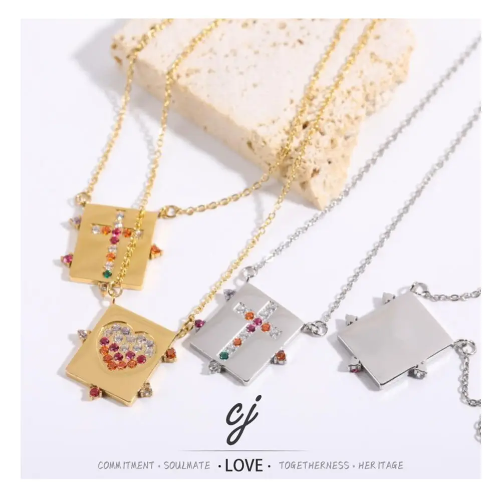 Carline Wholesale Engagement 18K Gold Plated Stainless Steel Zircon Pendant Necklace Love Heart Cross Design Link Chain Unisex