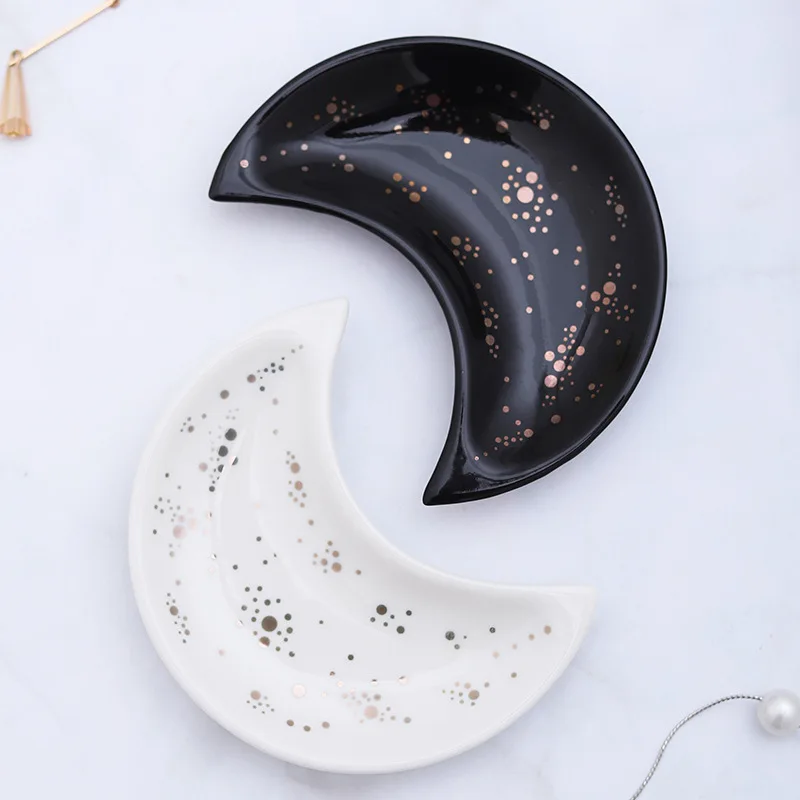 

Modern luxury women home decor black white ceramic trinket dish display moon shape With Gold Rim jewelry tray for wedding gift