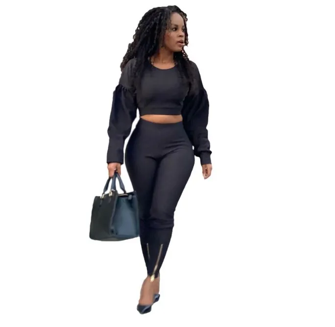 

MD-20081112 Fall Clothing Solid Casual Puff Sleeve Outfits Women Clothing Joggers Sweat Pants Two 2 Piece Set