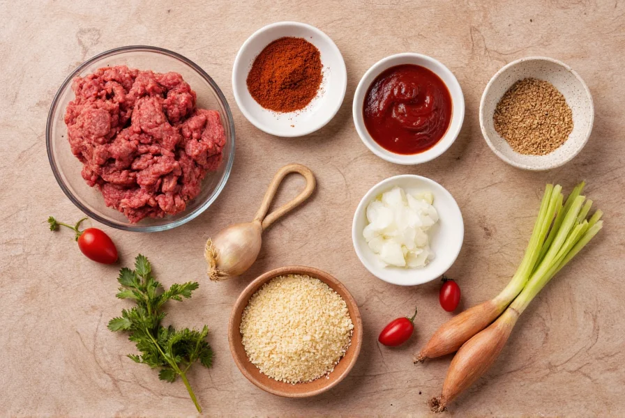 Wendy's chili recipe ingredients laid out on counter: ground beef, spices, tomato paste, onions, garlic