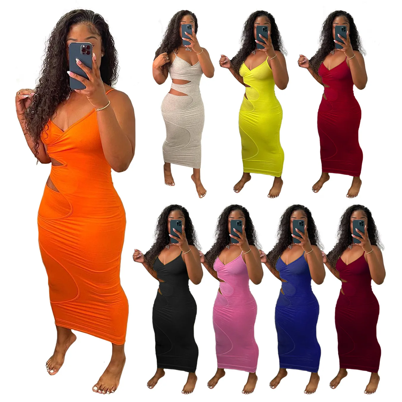 

HOBISH-8003 Summer Amazon hot sale plus size spring and summer new solid color sexy dress women