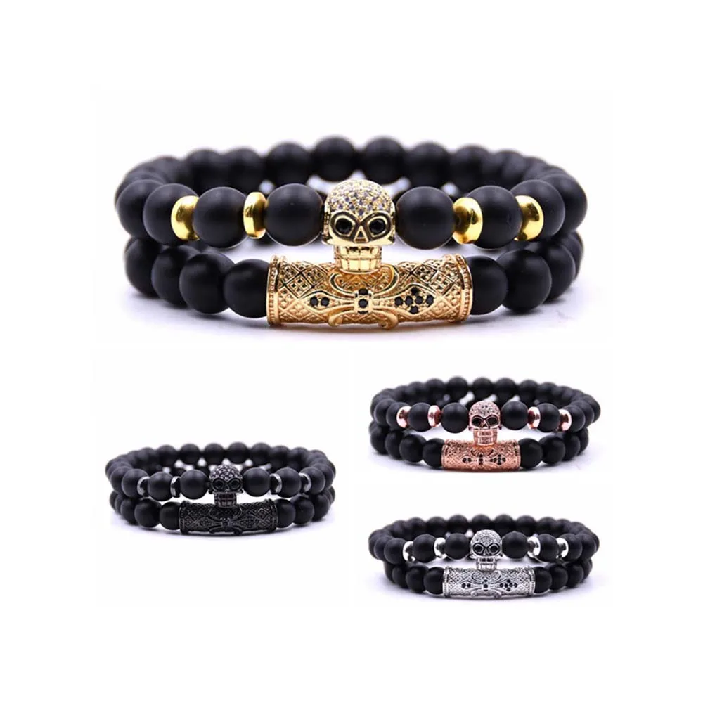 

2pcs/set  Natural Matte Black Stone Bracelet Micro Pave CZ Skull Charm Bracelet for Men, As picture