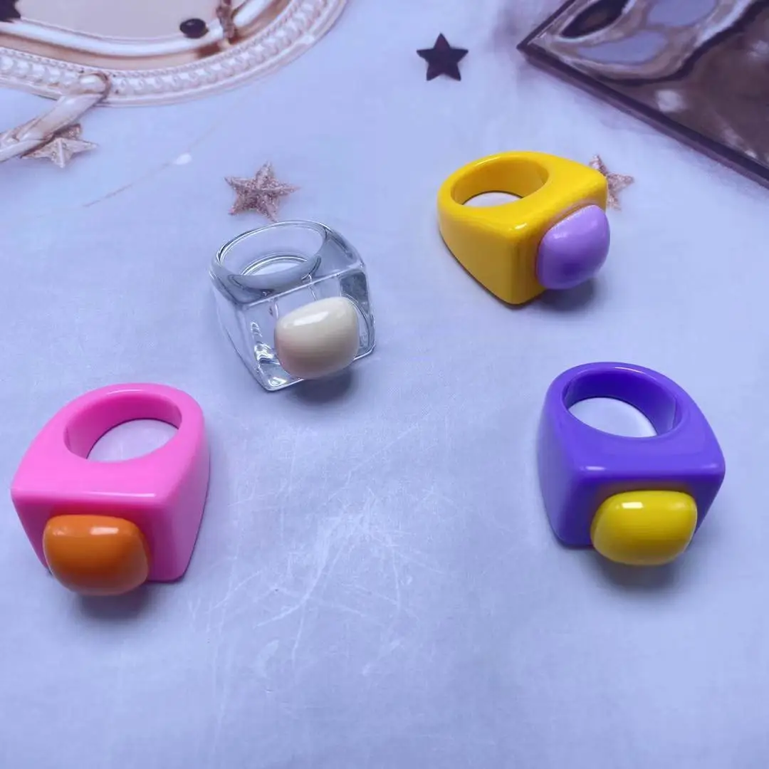 

OUYE 2021 candy color color new design oversized round acrylic resin ring women's jewelry simple versatile, Colorful