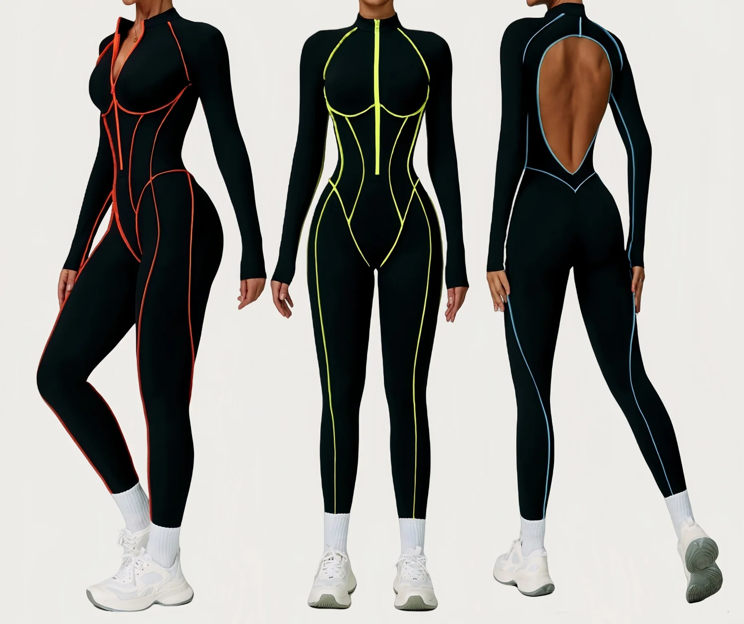 Contrast Zipper Fitness Yoga Jumpsuit