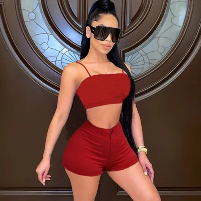 

Sexy Denim Solid Two Pieces Jean Short Sets High Strechability Pure Color Camisole Corpped Top Outfit, Black,blue, red