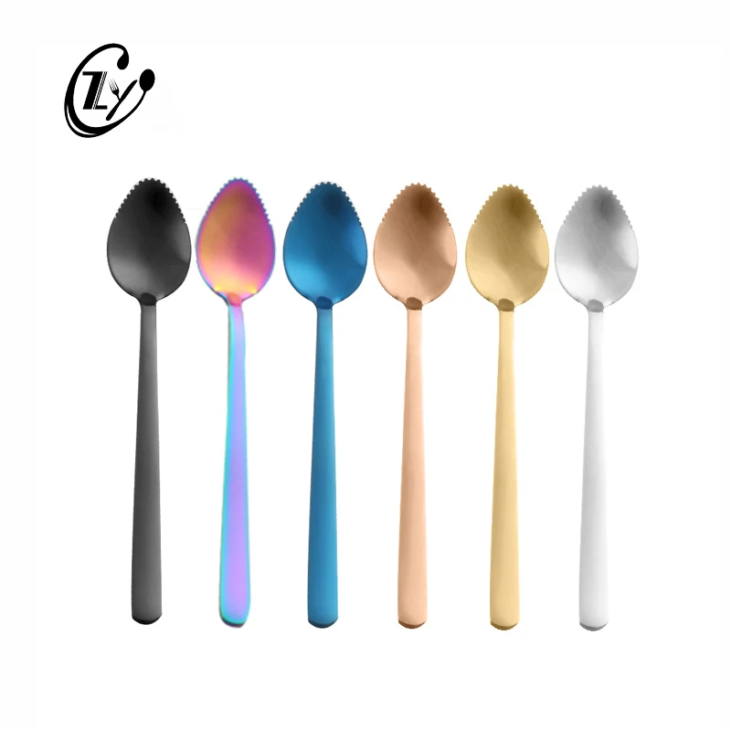 

Apple Fruit Scraping Spoon Stainless Steel Baby Supplementary Food Spoon with Serrated Edge, Silver,gold,rose gold,rainbow,black