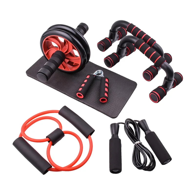 

Push Up Stand Crunch Machine Jump Rope Skipping Home Gym Equipment Wheel Roller Push Up Bar, Red