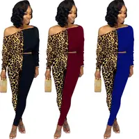 

1019M289 2020 fashion sloping shoulder leopard patchwork Pant Clothing Women Two Piece Sets