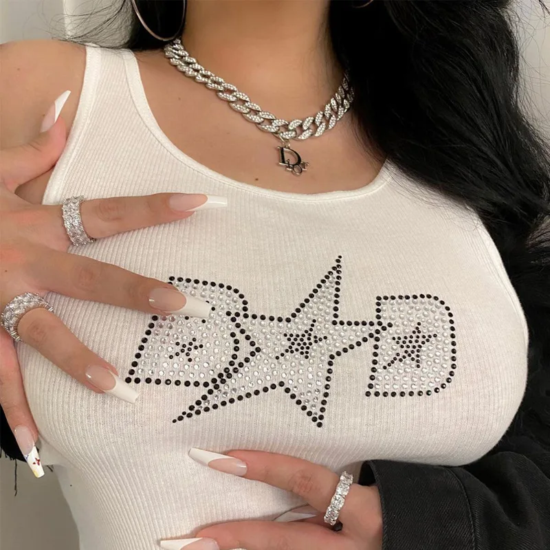 

Women Fashion Summer Sleeveless Letter Print Skinny Slim White Short Tank Tops 2021 Female Clothing Streetwear