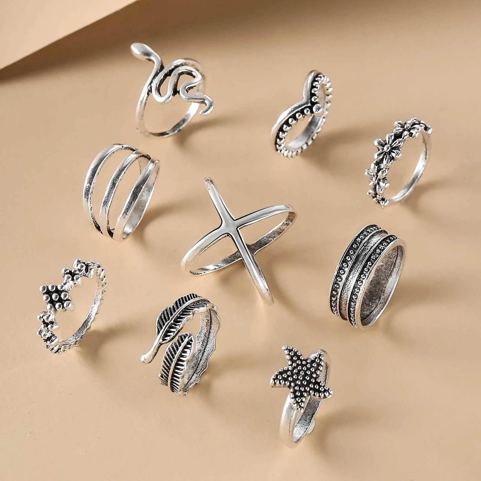 

Vintage Antique Silver Plating 9 Pcs Cross Rings Set Snake Flower Shape Rings for Women Jewelry, Silver plated