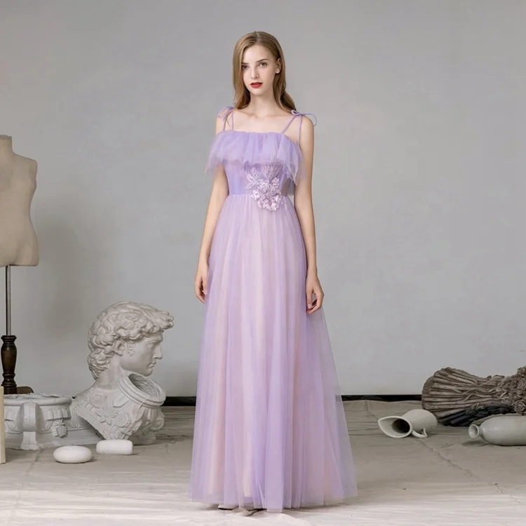 

#961 Spaghetti straps purple appliqued tulle elegant formal party evening gown prom dress