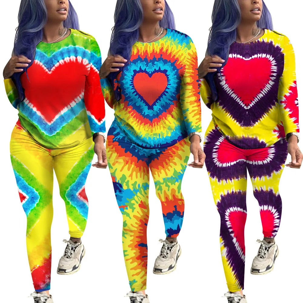 90903-MX3 stylish love printing two piece set long jumpsuit woman