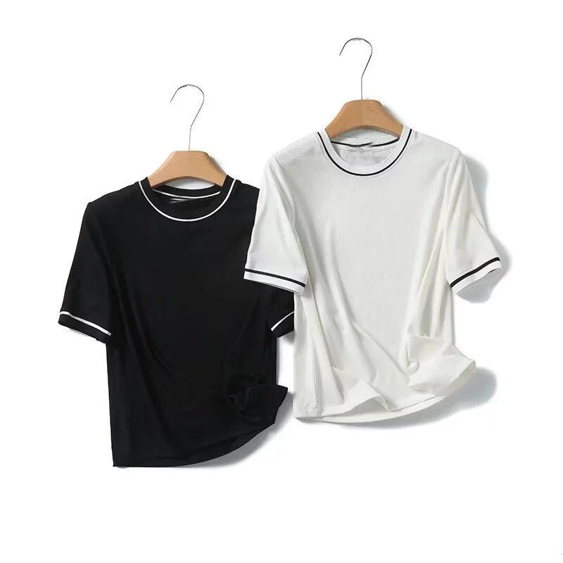 ZATRHMBM Women's 2024 New Fashion Basics Versatile Contrast Color T-Shirt Tops Retro Casual Round Neck Short Sleeve Tops