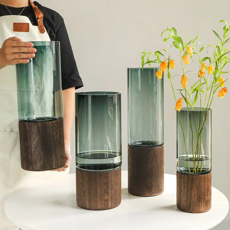 

drop shipping Hot sale dining table vase hydroponic glass vase wooden frame home decoration creative modern glass vases, Colorless/smoky
