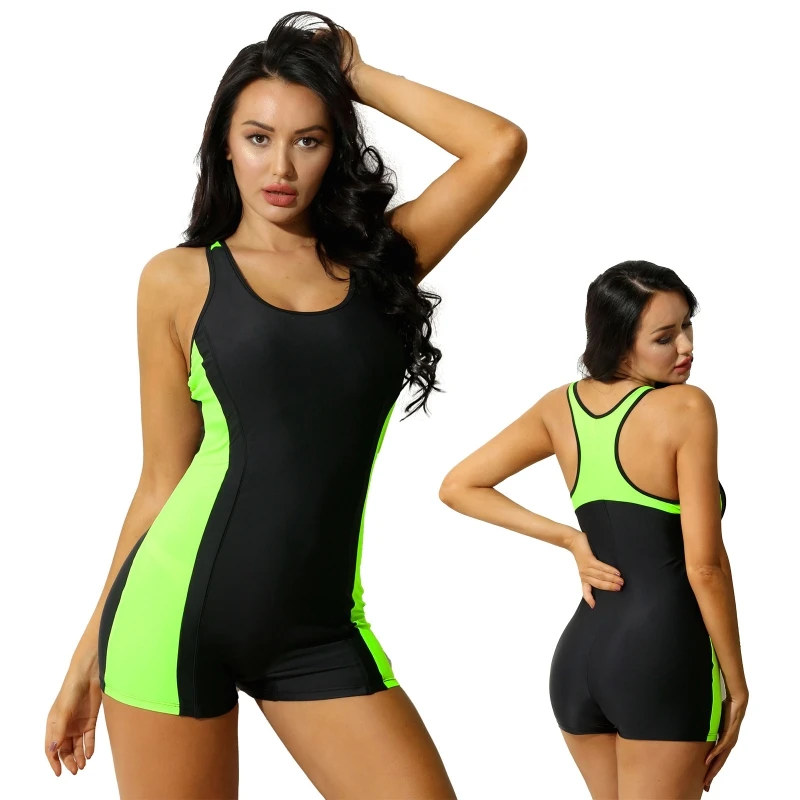 

In Stock Women Bathing Suit Sport Style Scoop Neck Boyshort One Piece Swimsuit Racerback Bodysuit