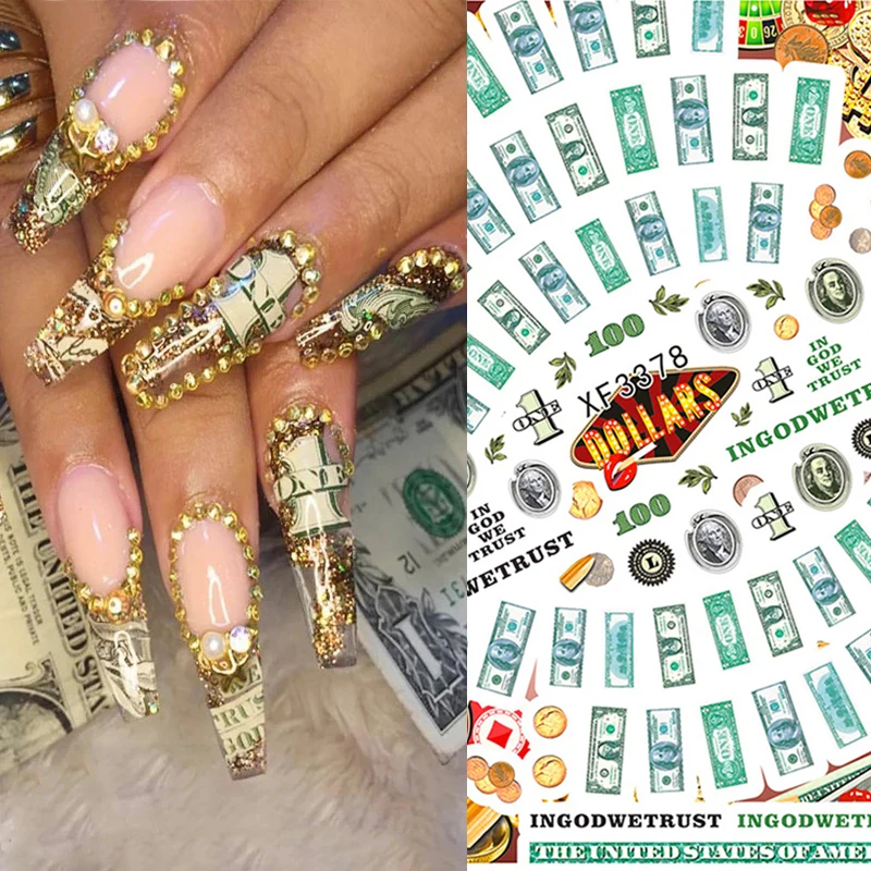 

3D Design Nails Art Sticker Money Dollar Wealthy Rich Style Nail Stickers Wraps Foil Sticker Manicure nail art decals, Colorful