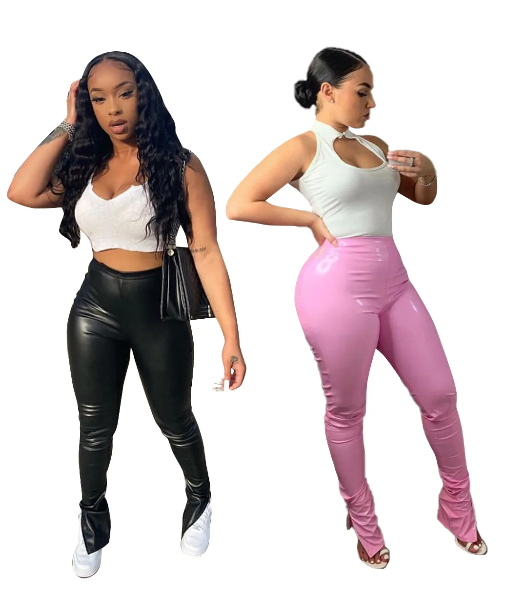 

M784 High elastic pink high waist faux pu leather split hem pants sexy black leather leggings for women