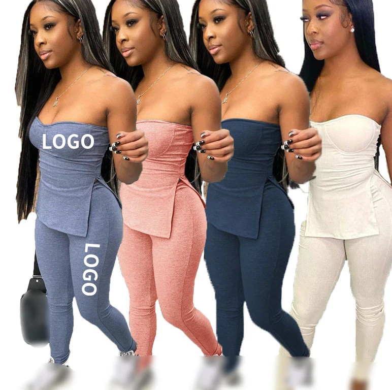 

2021 summer outfits women sleeveless Crop Tops And Long Pants Set knit two piece set neon clothing