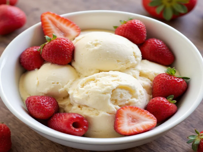 Homemade vanilla ice cream in bowl with fresh berries