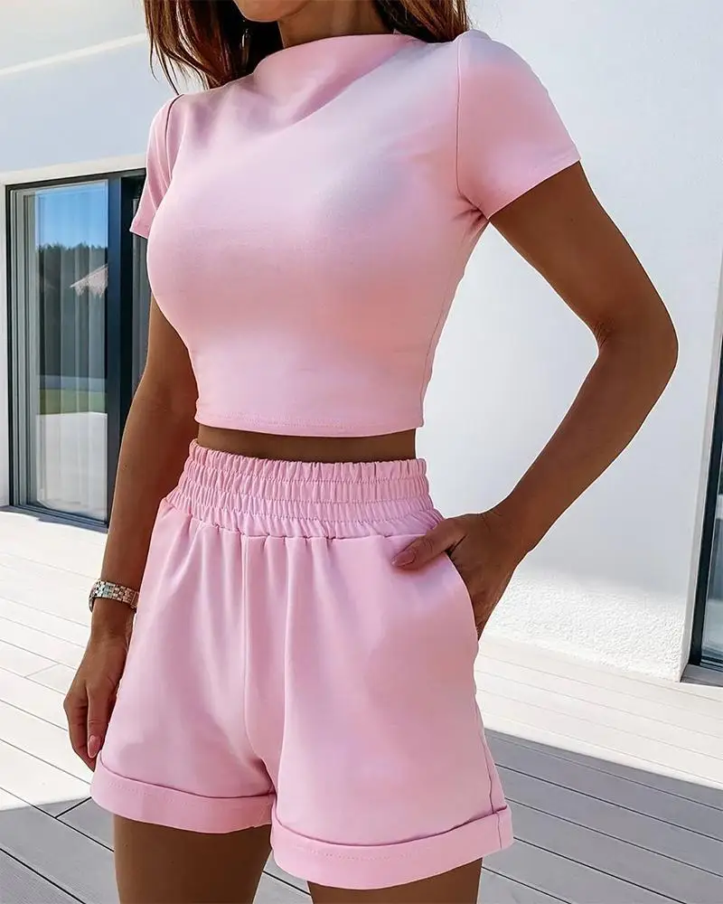 

Latest Design Polyester Summer Casual Sport Gym Two Piece Set Women Clothing Pink Crop Tops and Shorts Set