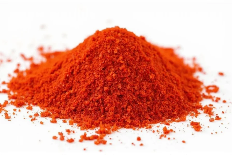 Close-up of vibrant red cayenne pepper powder in glass jar with measuring spoon