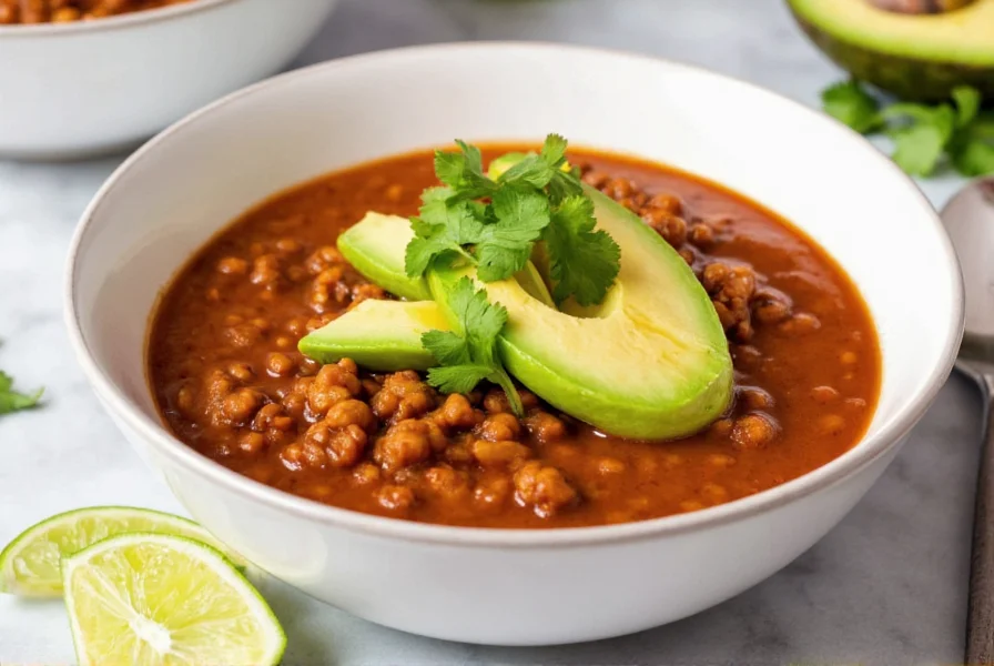 Bowl of lentil bean chili with avocado, cilantro, and lime garnish served in white ceramic bowl