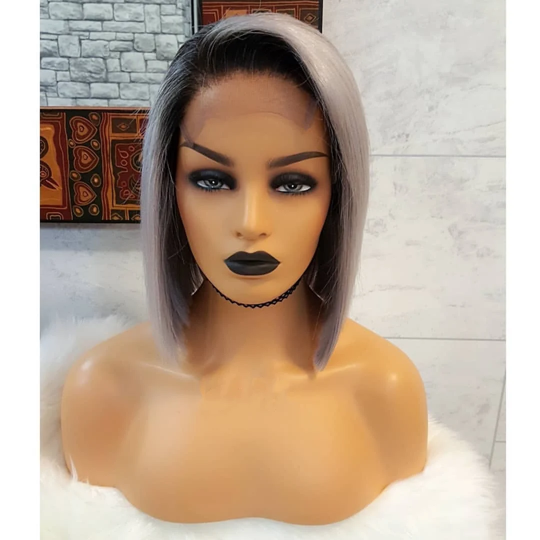 

Straight Cut Short Bob 1b/gray Color Side Part Pre Plucked Virgin Brazilian Human Hair Lace Front Wig