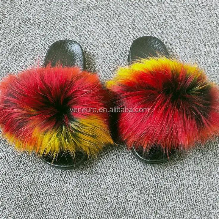 

Wholesale new PVC women footwear real raccoon fur slippers outdoor slider sandals furry slides, Customized color