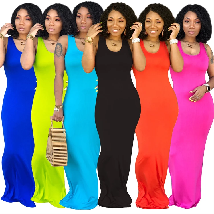 

DUODUOCOLOR Solid color U collar sexy individuality sleeveless long skirt casual fashion summer vest dress D10395