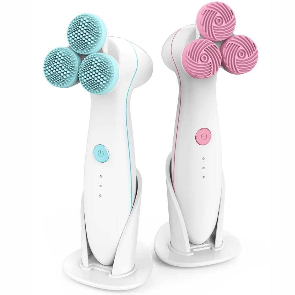 

LULA Triple-Head cleansing instrument electric pore cleaner facial Lift massager ultrasonic silicone Exfoliation brush, White pink blue