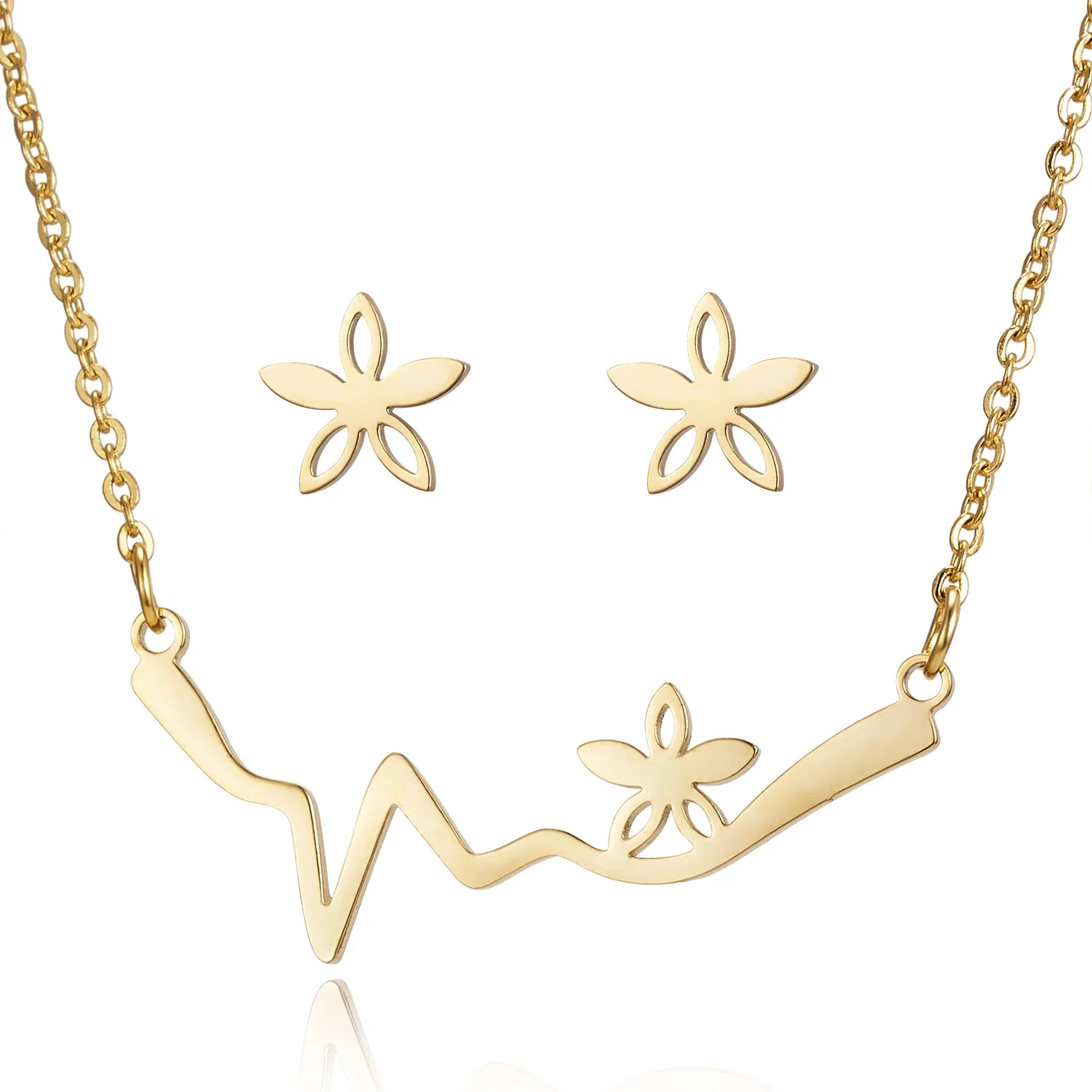 

2021 Cheap Brand High Quality Stainless Steel Pendant Necklace Earrings Jewelry Set For Women, Gold color