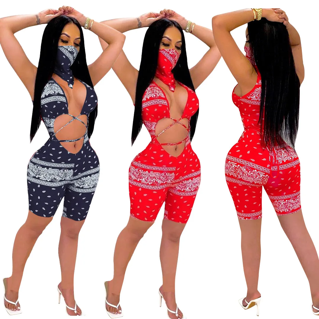 

2021 New Arrivals Fashion Women Sexy Drawstring Hollow Out Sleeveless Short Pants Scarf Boho Paisley Romper Jumpsuit, Picture show