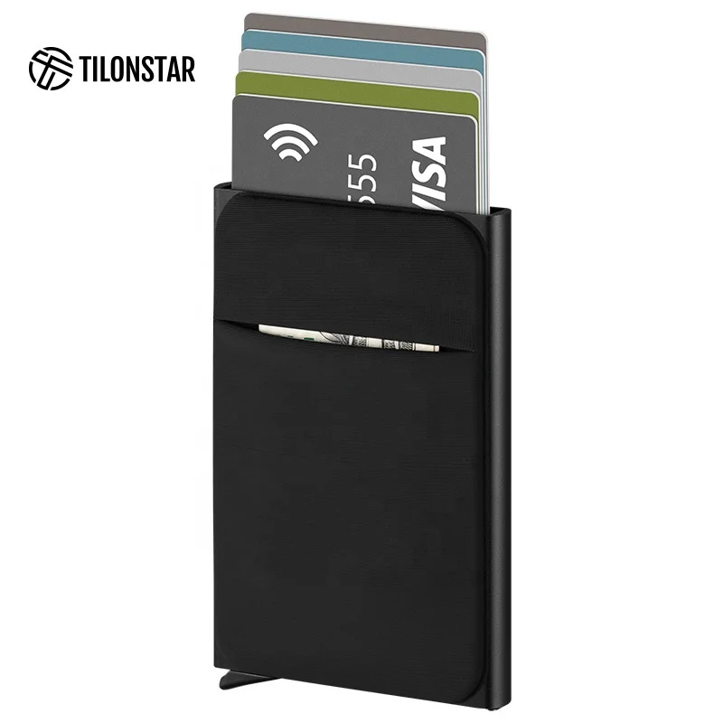 

ID Credit Card Holder RFID Aluminum Automatic Pop up Wallet Bank Card Case With Elasticity Back Pouch