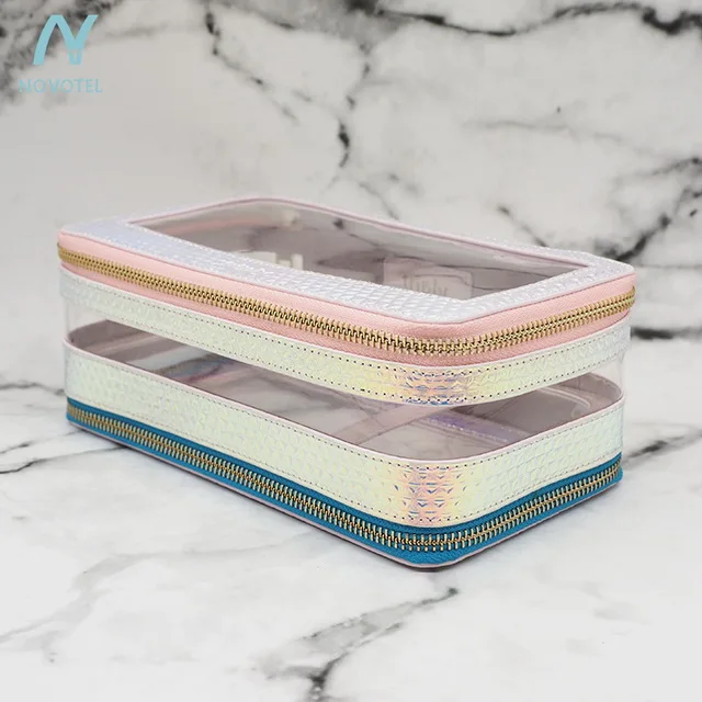 

Discolour glitter pu leather and TPU clear window cosmetic bag rose gold for girls, Brown, red, customized color