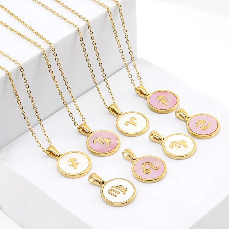 

18K Gold Plated Stainless Steel 12 Horoscope Sign Coin Pendant Fashion Round Constellation Zodiac Necklace Jewelry For Couple