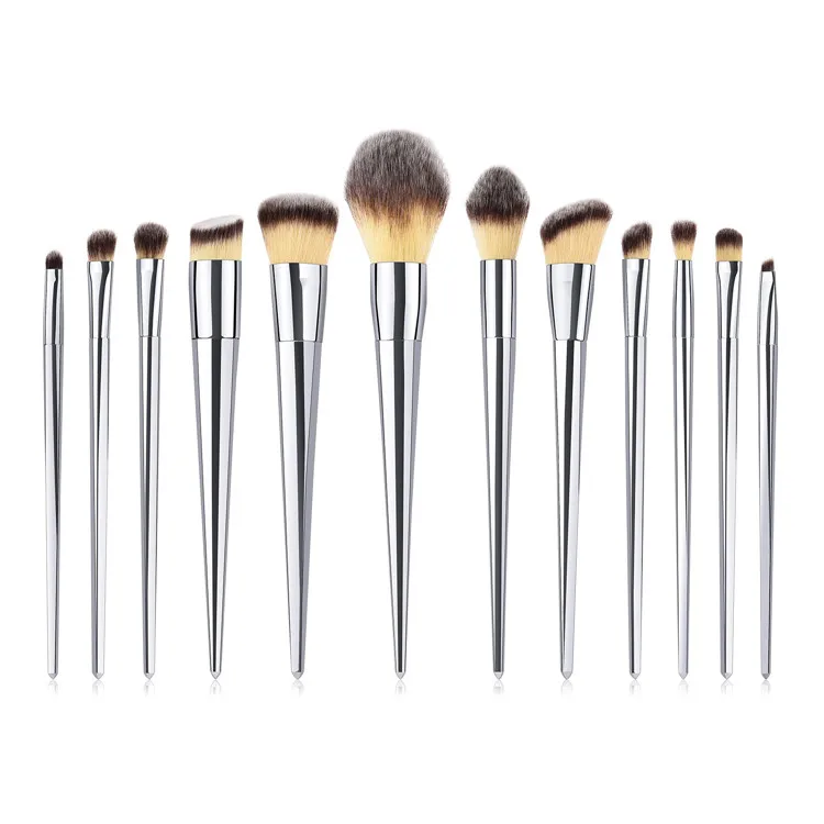 

High Quality Synthetic Hair Silver Handle Plastic Makeup Brushes 12PCS Pretty Make Up Brushes Set Silver Private Logo