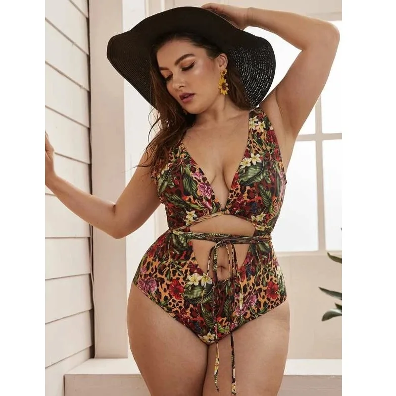

Bandage XXXL One-Piece Swimsuit Hollow Out Plus Size Swimwear Floral Print Women Deep V Neck Bathing Suits Bikini, As pictures/customized colors