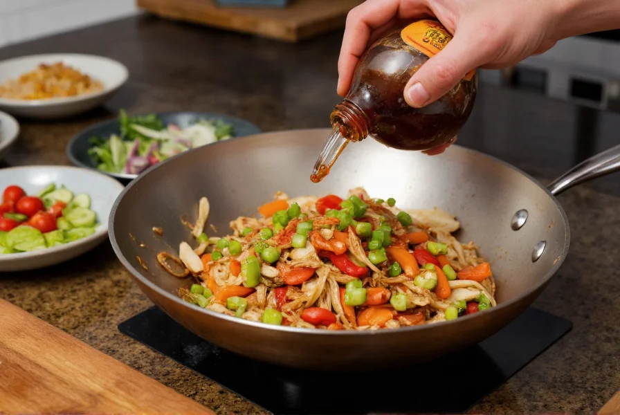 Chef's hand adding chili sauce substitute to wok with vegetables for stir fry